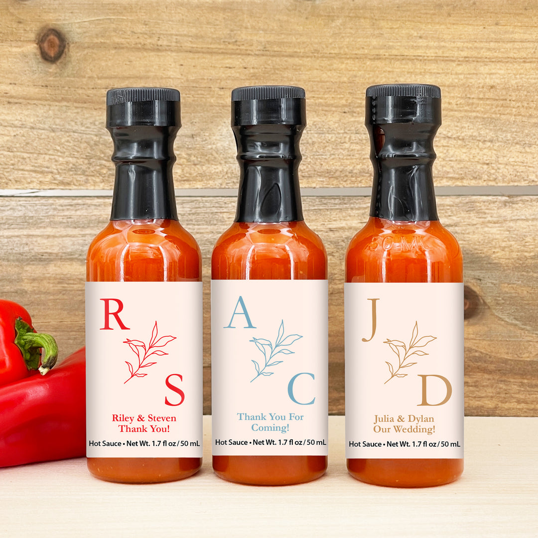 Hot Sauce Wedding Favors, Wedding Initials, Botanical Monogram, 1.7 oz bottle of hot sauce