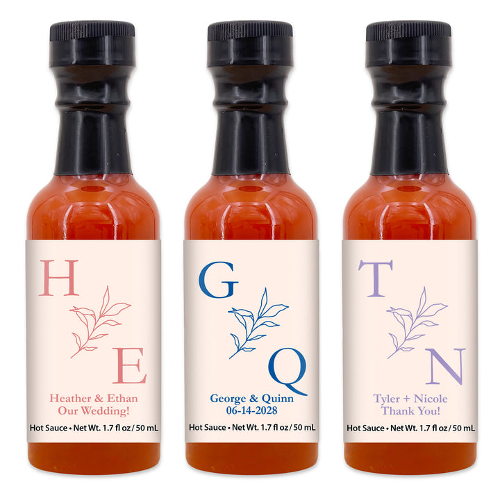 Hot Sauce Wedding Favors, Wedding Initials, Botanical Monogram, 1.7 oz bottle of hot sauce