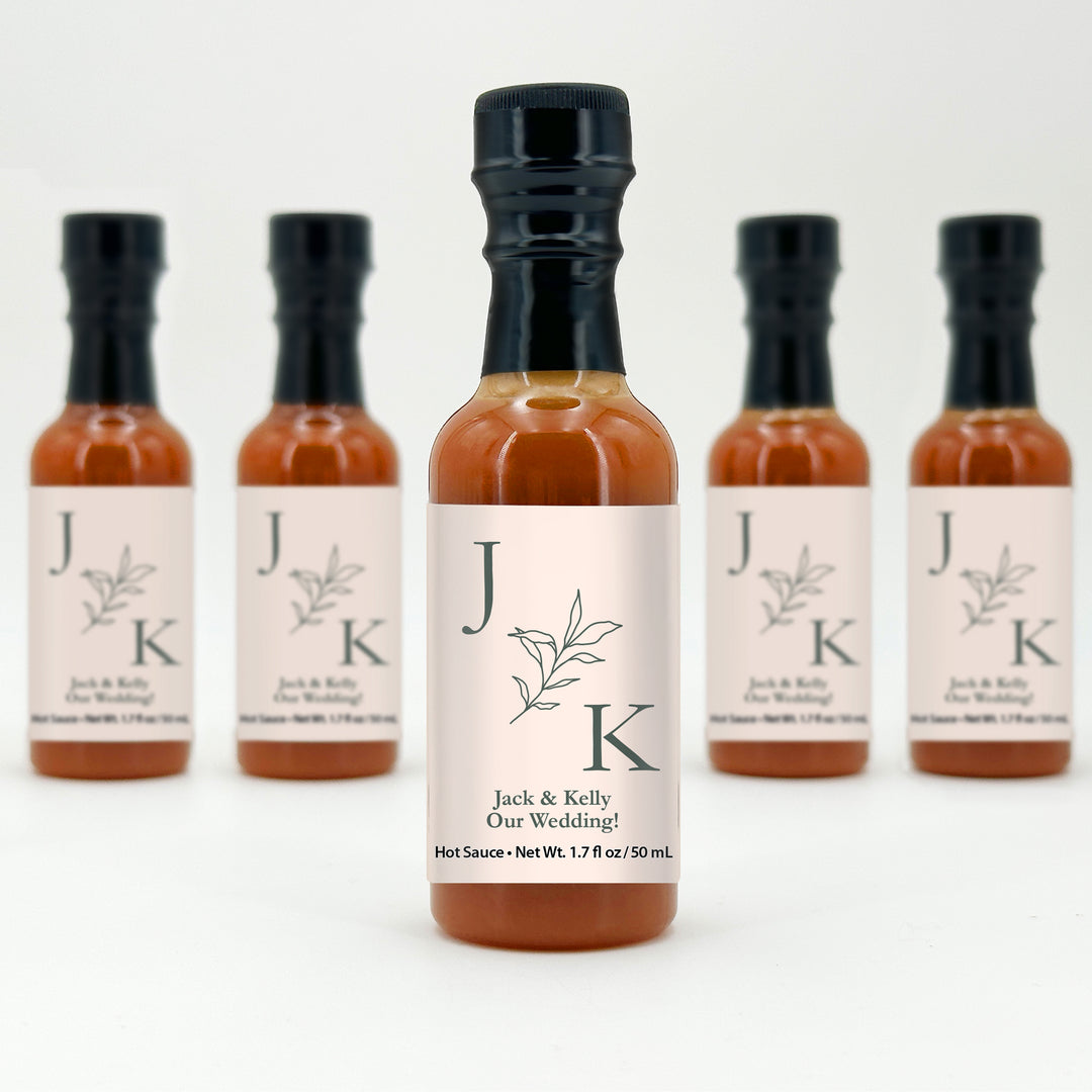 Hot Sauce Wedding Favors, Wedding Initials, Botanical Monogram, 1.7 oz bottle of hot sauce