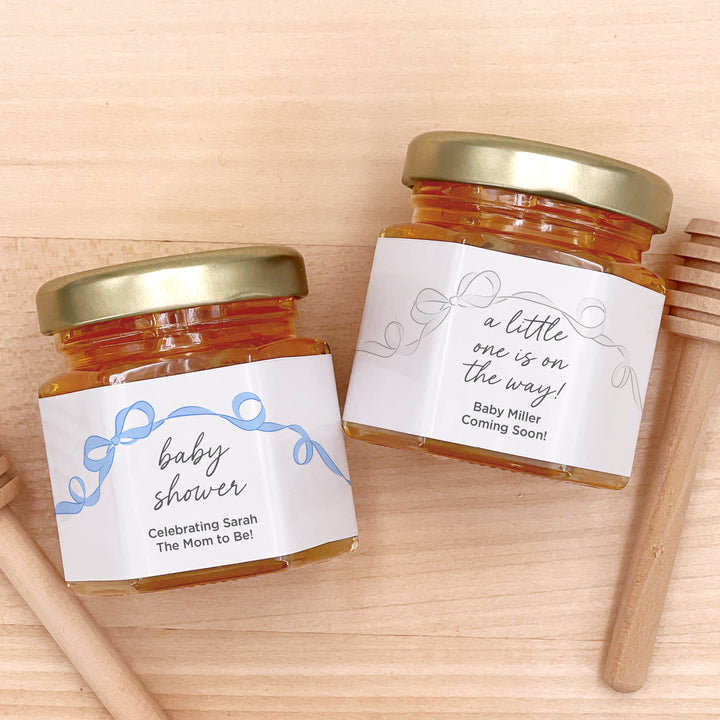 Baby Shower Favors, Mini Honey Jar Favors, Oh Baby, Hand Drawn Ribbon Bow