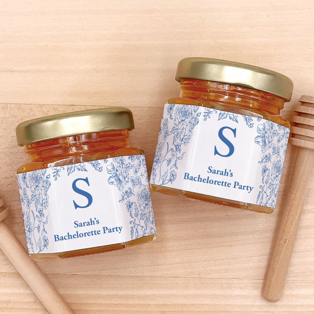 Honey Baby Shower Favors, Mini Honey Jar Favors, Blue Chinoiserie, Blue French Toile Monogram