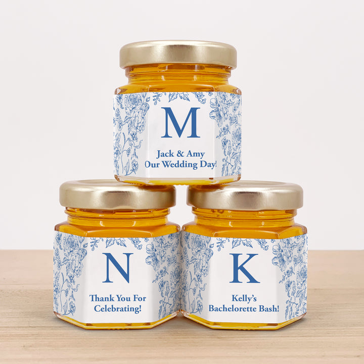 Honey Baby Shower Favors, Mini Honey Jar Favors, Blue Chinoiserie, Blue French Toile Monogram