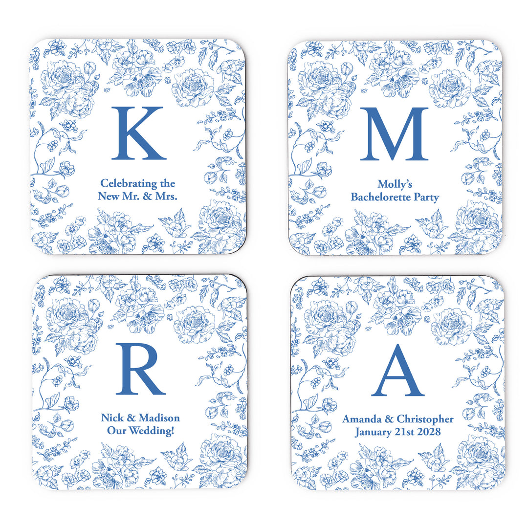 Personalized Wedding Coasters, Blue Chinoiserie, French Toile Monogram Coasters