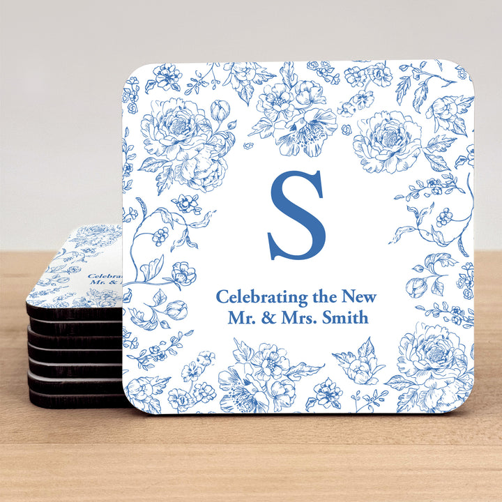 Personalized Wedding Coasters, Blue Chinoiserie, French Toile Monogram Coasters