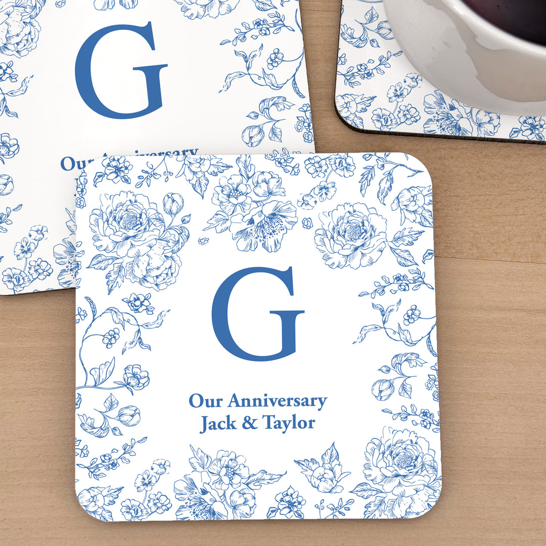 Personalized Wedding Coasters, Blue Chinoiserie, French Toile Monogram Coasters