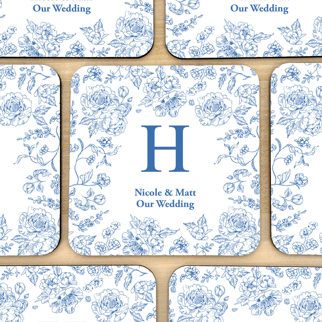 Personalized Wedding Coasters, Blue Chinoiserie, French Toile Monogram Coasters