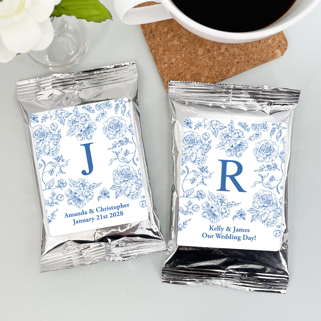 Custom Coffee Wedding Favors, Blue Chinoiserie, French Blue Toile Monogram Coffee