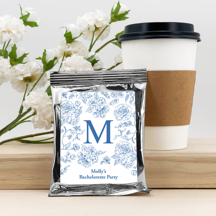 Custom Coffee Wedding Favors, Blue Chinoiserie, French Blue Toile Monogram Coffee