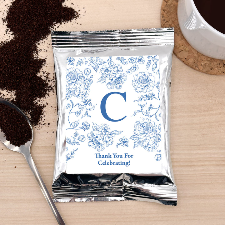 Custom Coffee Wedding Favors, Blue Chinoiserie, French Blue Toile Monogram Coffee