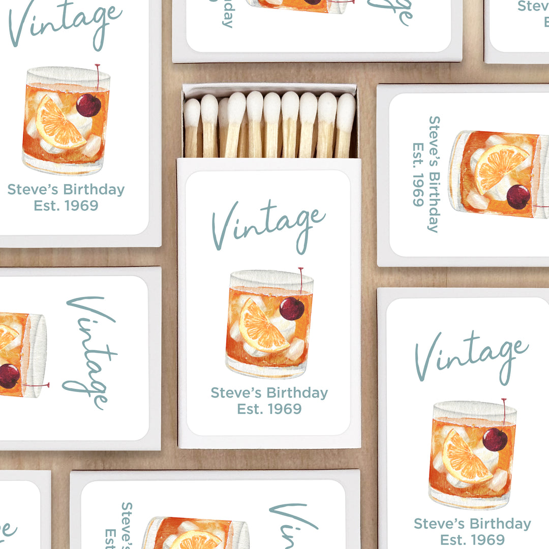 Custom Match Boxes, Cocktail Matchboxes, Birthday Favors, Aged to Perfection, Old Fashioned Glass - Set of 50