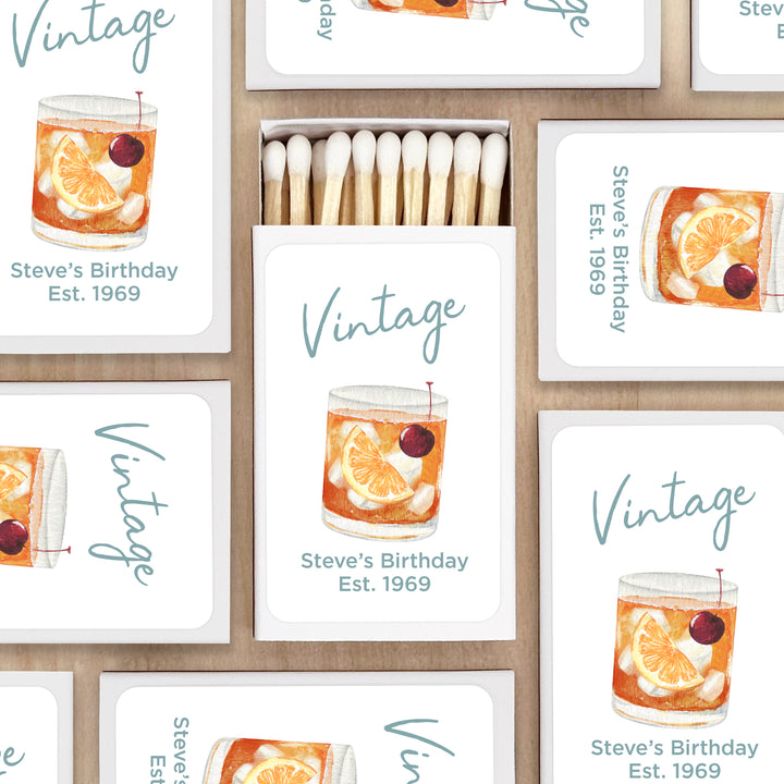 Custom Match Boxes, Cocktail Matchboxes, Birthday Favors, Aged to Perfection, Old Fashioned Glass - Set of 50