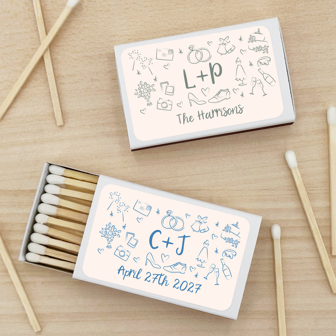 Wedding Favor Matches, Hand Drawn Wedding Icon Pattern Sketch (Set of 50)