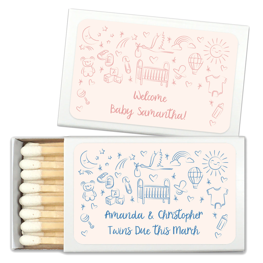 Custom Matchboxes, Baby Shower Favors, Hand Drawn Baby Icon Pattern Sketch (Set of 50)