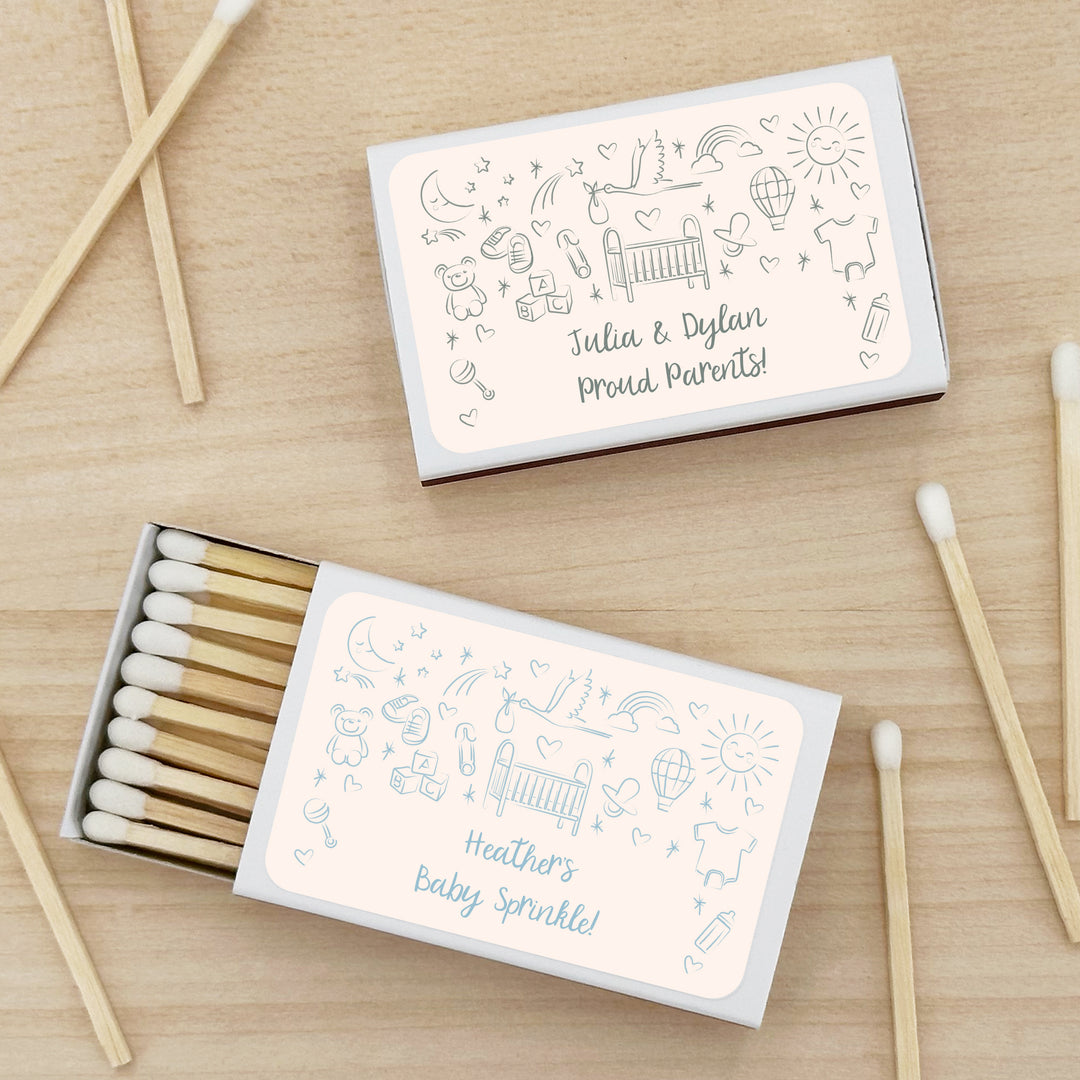 Custom Matchboxes, Baby Shower Favors, Hand Drawn Baby Icon Pattern Sketch (Set of 50)