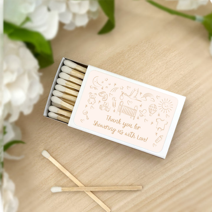 Custom Matchboxes, Baby Shower Favors, Hand Drawn Baby Icon Pattern Sketch (Set of 50)