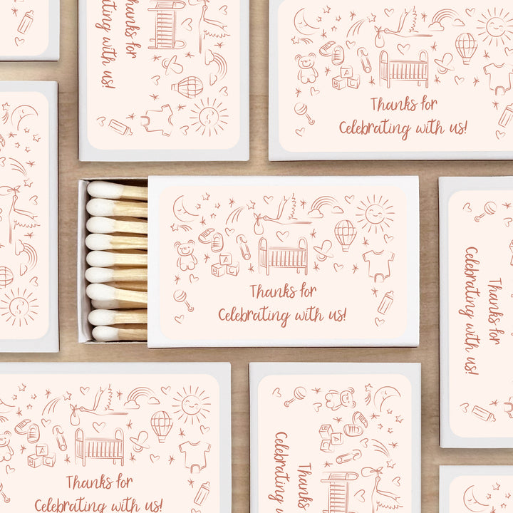 Custom Matchboxes, Baby Shower Favors, Hand Drawn Baby Icon Pattern Sketch (Set of 50)