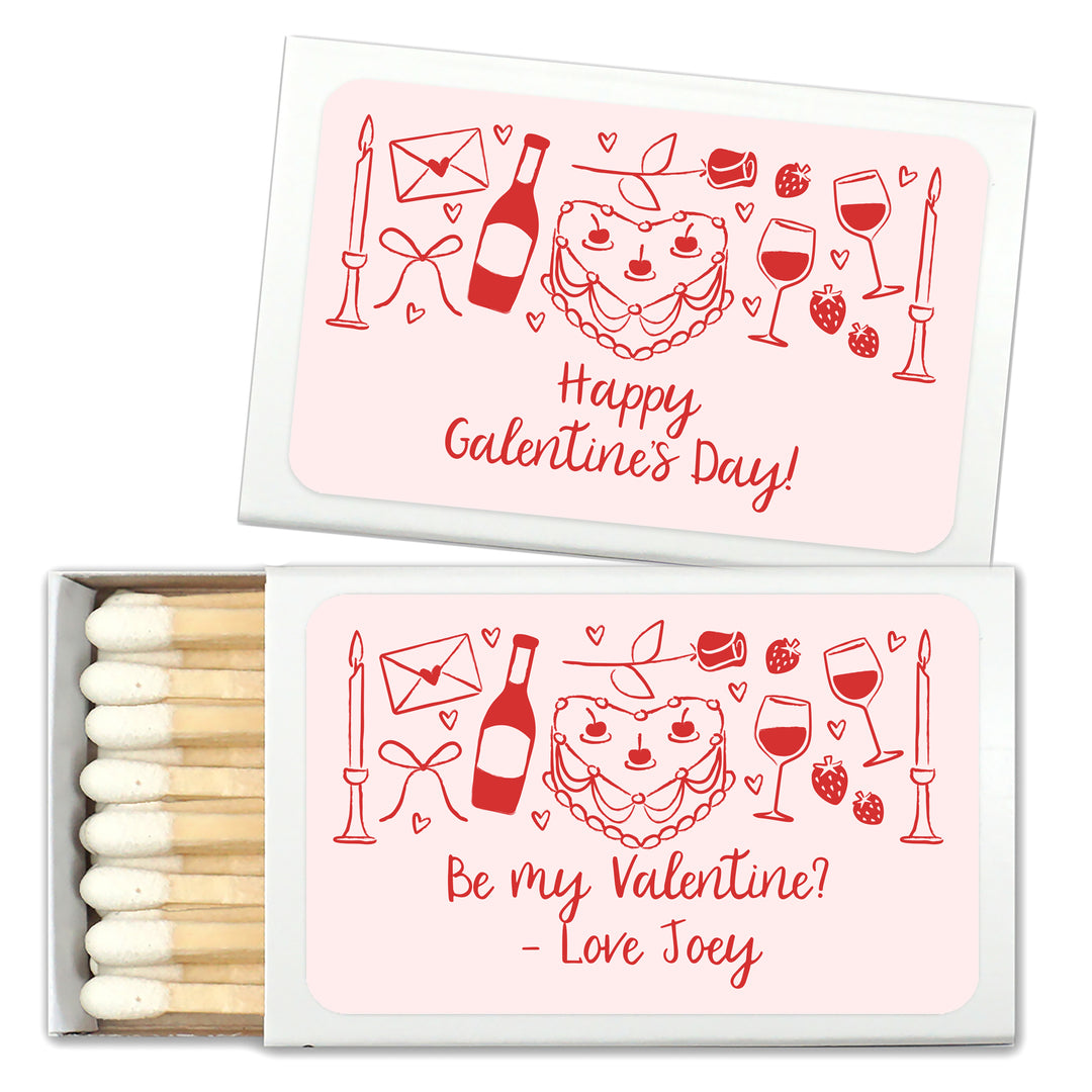 Custom Match Boxes, Valentine's Matchboxes, Galentine's Matches, Hand Drawn Valentine's Day Sketch Pattern - Set of 50