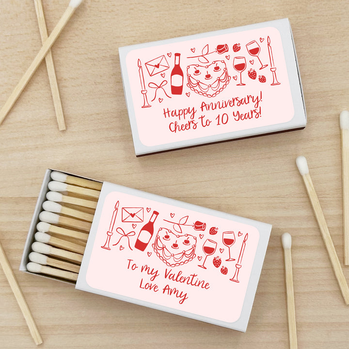 Custom Match Boxes, Valentine's Matchboxes, Galentine's Matches, Hand Drawn Valentine's Day Sketch Pattern - Set of 50