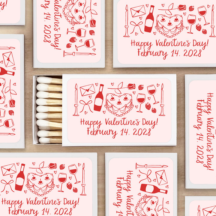 Custom Match Boxes, Valentine's Matchboxes, Galentine's Matches, Hand Drawn Valentine's Day Sketch Pattern - Set of 50