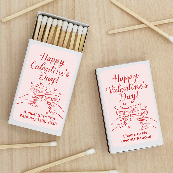 Custom Match Boxes, Valentine's Matchboxes, Galentine's Matches, Clinking Champagne Coupes - Set of 50