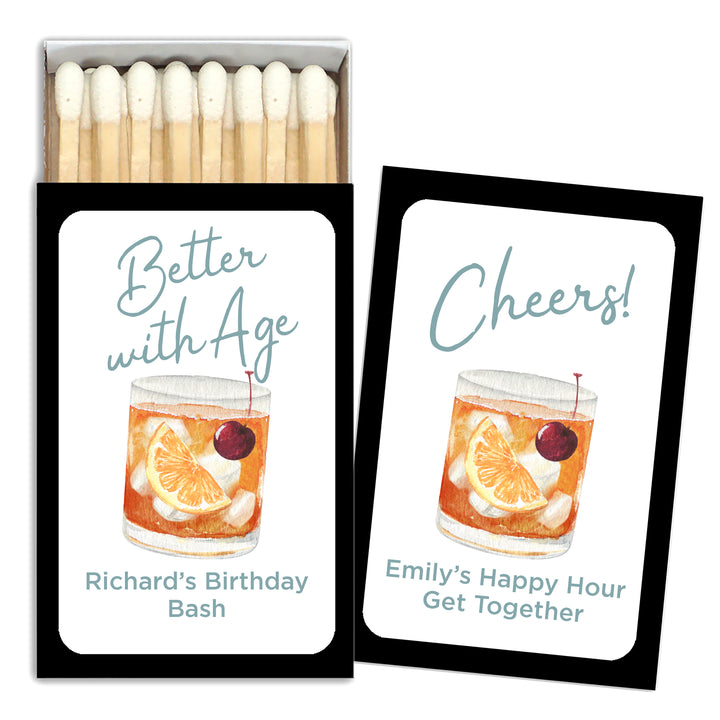 Custom Match Boxes, Cocktail Matchboxes, Birthday Favors, Aged to Perfection, Old Fashioned Glass - Set of 50