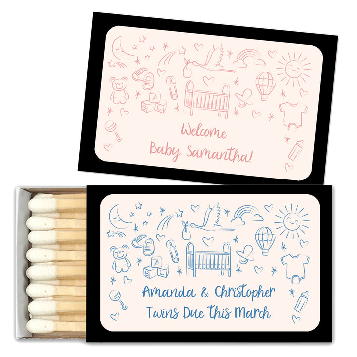 Custom Matchboxes, Baby Shower Favors, Hand Drawn Baby Icon Pattern Sketch (Set of 50)