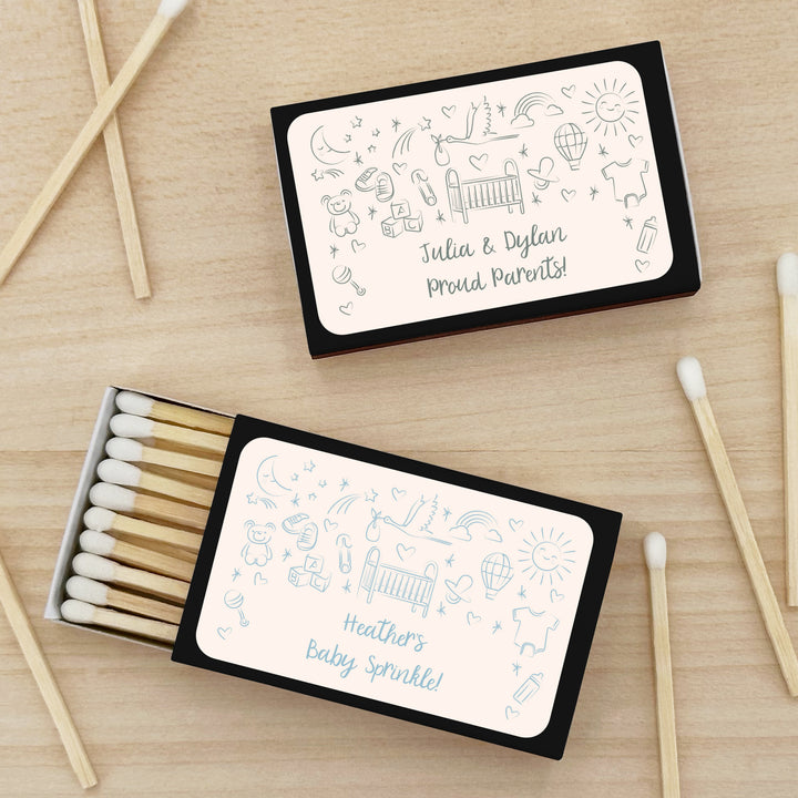 Custom Matchboxes, Baby Shower Favors, Hand Drawn Baby Icon Pattern Sketch (Set of 50)