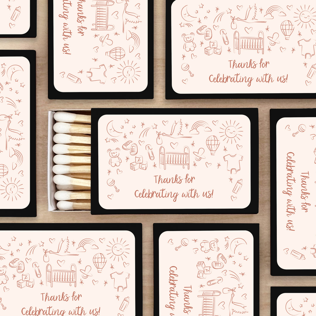 Custom Matchboxes, Baby Shower Favors, Hand Drawn Baby Icon Pattern Sketch (Set of 50)