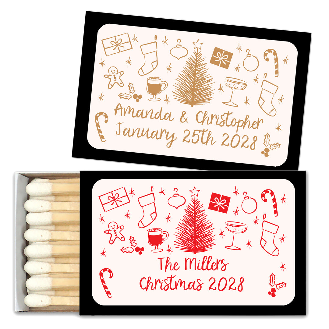 Personalized Christmas Matches, Hand Drawn Christmas Icon Pattern Sketch - Set of 50