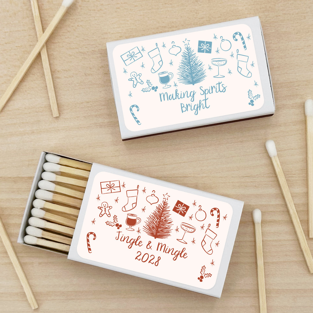 Personalized Christmas Matches, Hand Drawn Christmas Icon Pattern Sketch - Set of 50