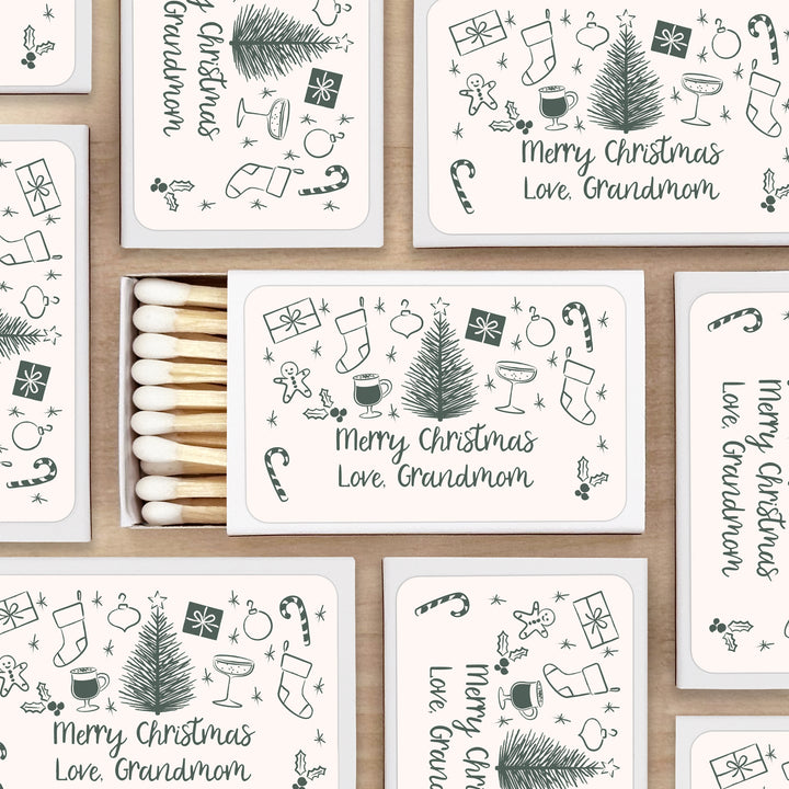 Personalized Christmas Matches, Hand Drawn Christmas Icon Pattern Sketch - Set of 50