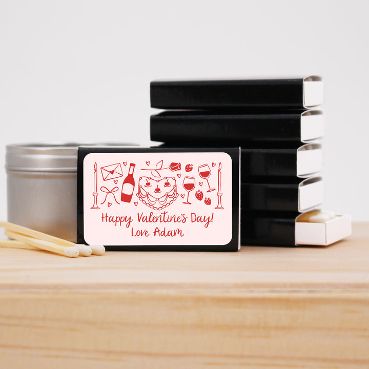 Custom Match Boxes, Valentine's Matchboxes, Galentine's Matches, Hand Drawn Valentine's Day Sketch Pattern - Set of 50