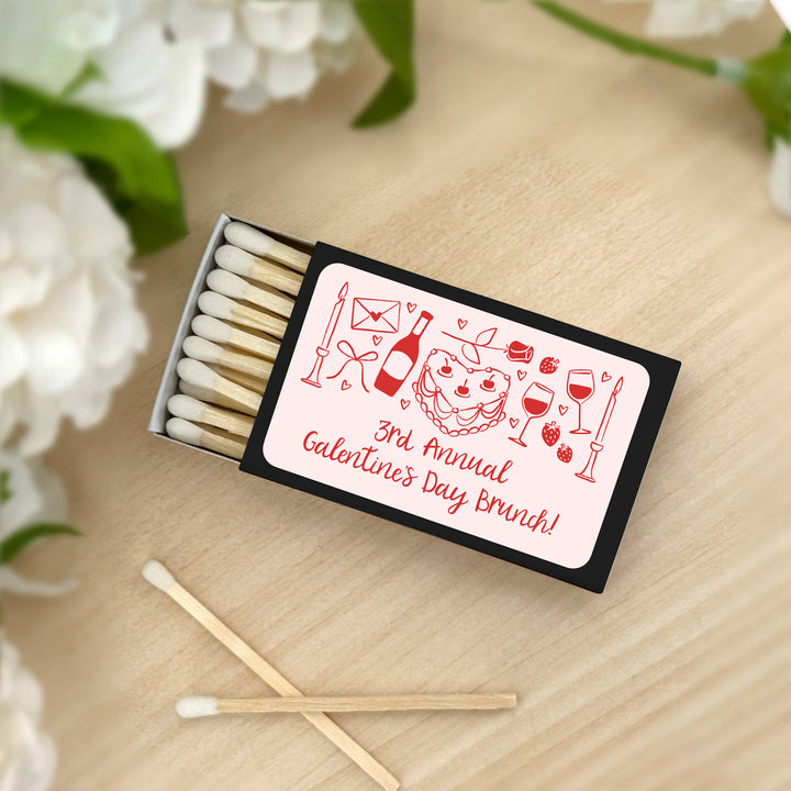 Custom Match Boxes, Valentine's Matchboxes, Galentine's Matches, Hand Drawn Valentine's Day Sketch Pattern - Set of 50