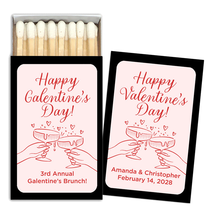 Custom Match Boxes, Valentine's Matchboxes, Galentine's Matches, Clinking Champagne Coupes - Set of 50