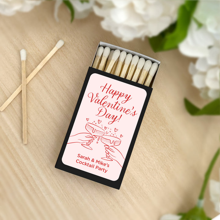 Custom Match Boxes, Valentine's Matchboxes, Galentine's Matches, Clinking Champagne Coupes - Set of 50