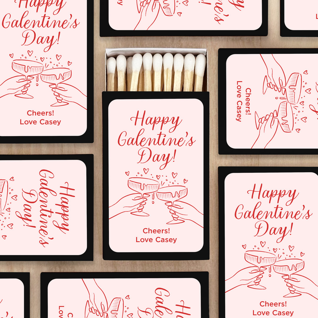 Custom Match Boxes, Valentine's Matchboxes, Galentine's Matches, Clinking Champagne Coupes - Set of 50