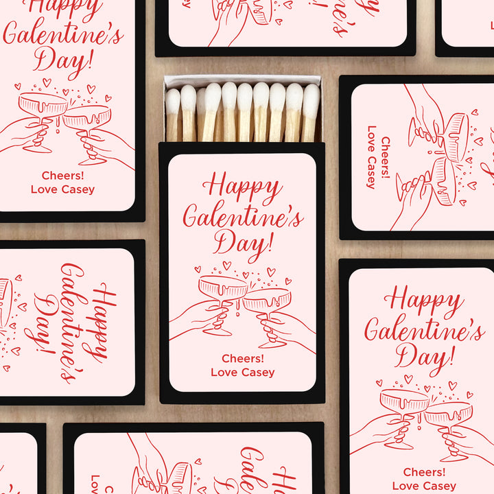 Custom Match Boxes, Valentine's Matchboxes, Galentine's Matches, Clinking Champagne Coupes - Set of 50