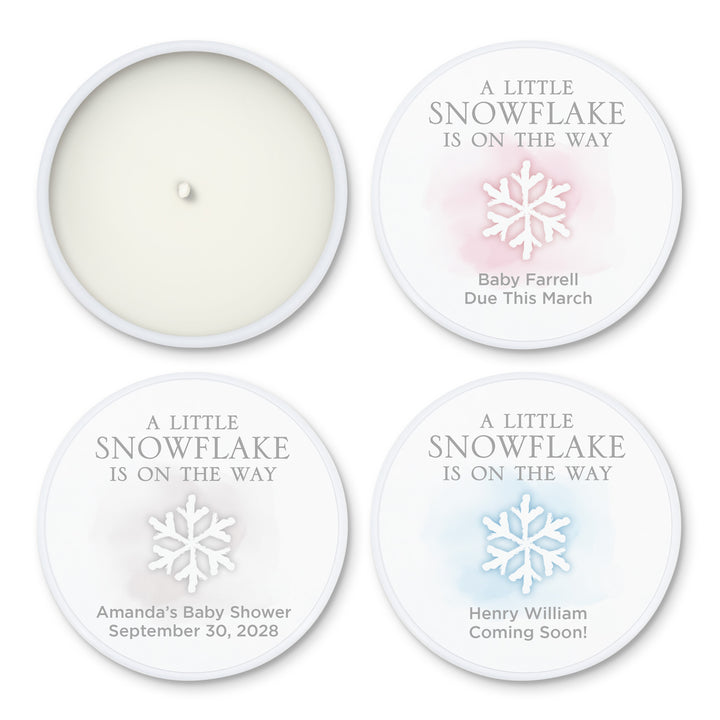 Personalized Candles, Baby Shower Candle Favors, A Little Snowflake is on the Way, Watercolor Snowflake, 2oz Mini Lavender Candles