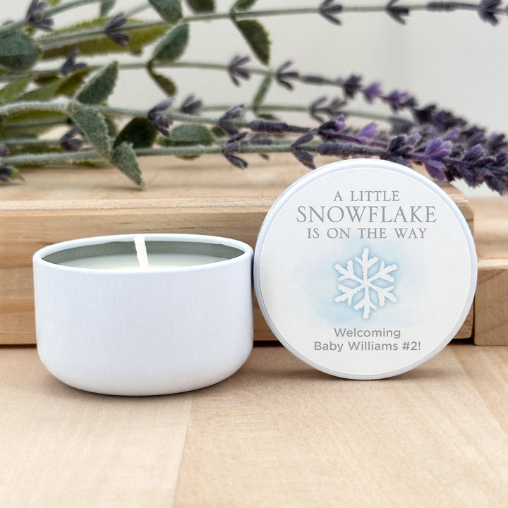 Personalized Candles, Baby Shower Candle Favors, A Little Snowflake is on the Way, Watercolor Snowflake, 2oz Mini Lavender Candles