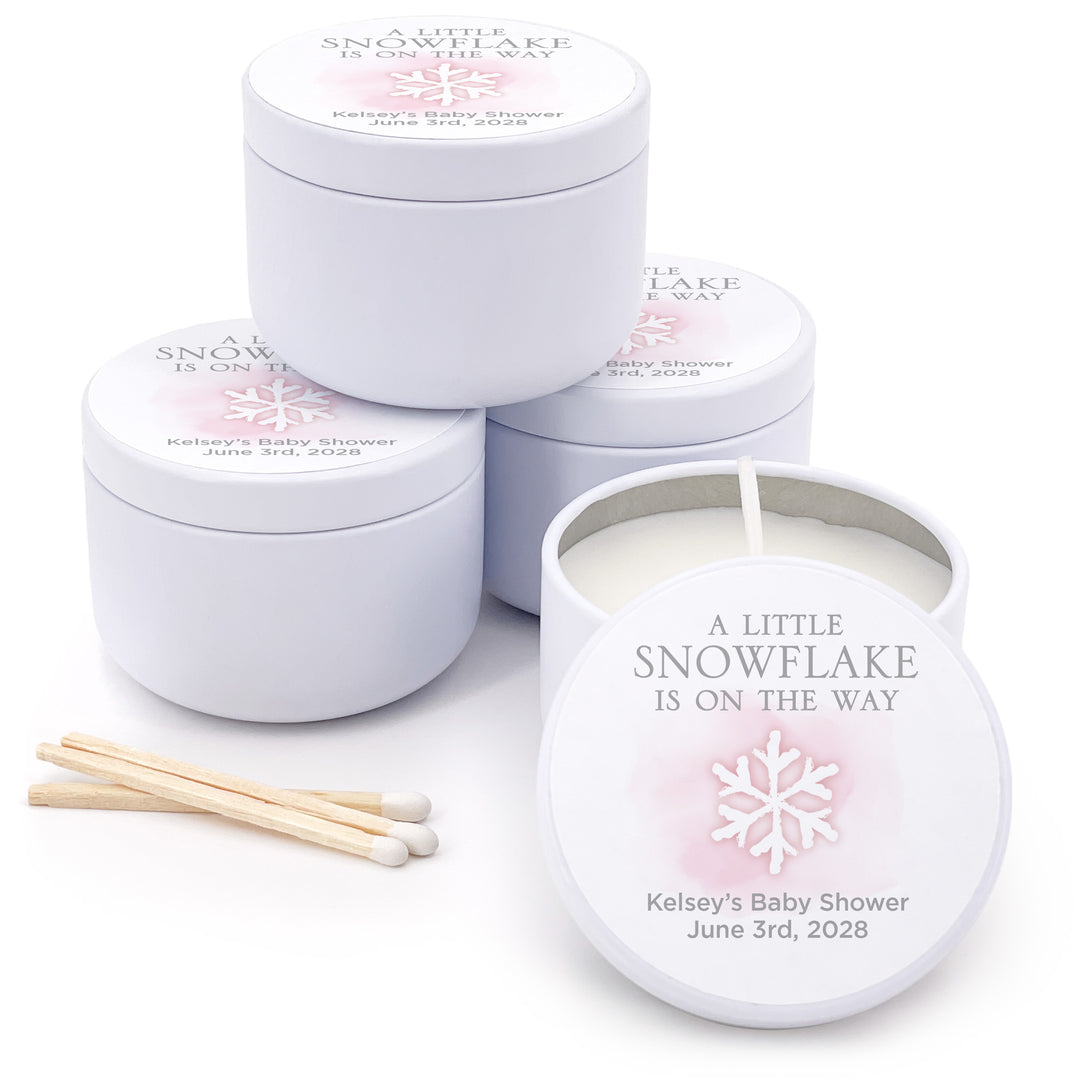 Personalized Candles, Baby Shower Candle Favors, A Little Snowflake is on the Way, Watercolor Snowflake, 2oz Mini Lavender Candles