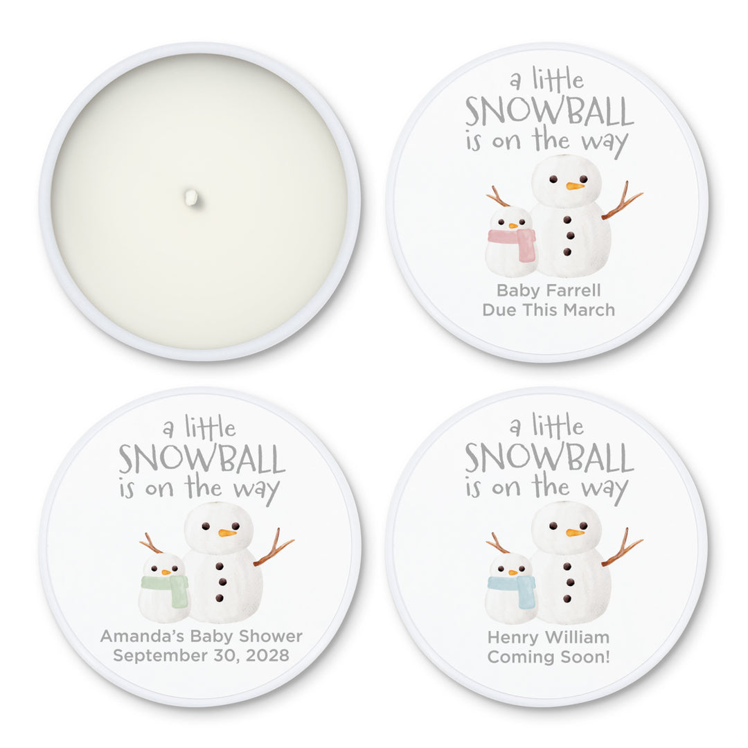 Personalized Candles, Baby Shower Candle Favors, A Little Snowball is on the Way, Watercolor Snowmen, 2oz Mini Lavender Candles