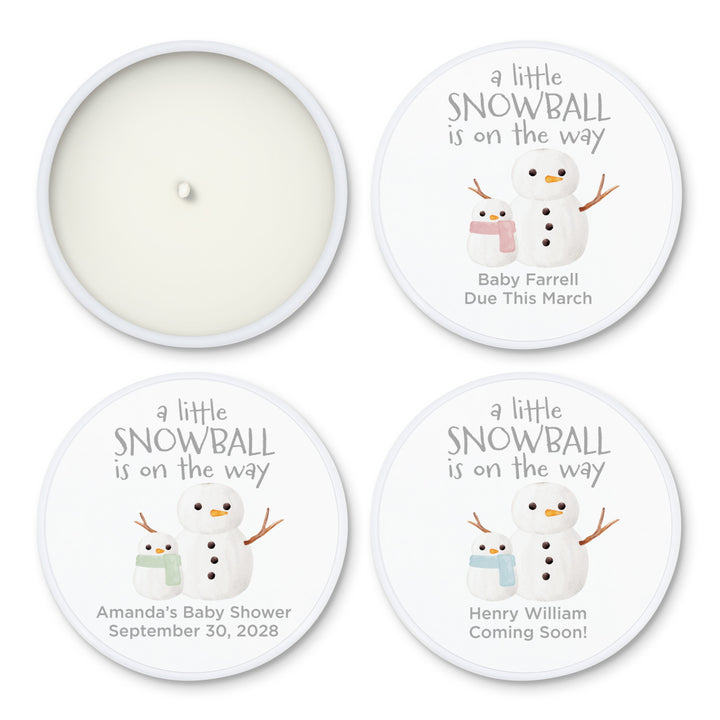 Personalized Candles, Baby Shower Candle Favors, A Little Snowball is on the Way, Watercolor Snowmen, 2oz Mini Lavender Candles