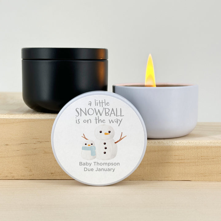 Personalized Candles, Baby Shower Candle Favors, A Little Snowball is on the Way, Watercolor Snowmen, 2oz Mini Lavender Candles