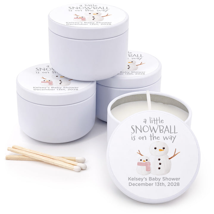 Personalized Candles, Baby Shower Candle Favors, A Little Snowball is on the Way, Watercolor Snowmen, 2oz Mini Lavender Candles