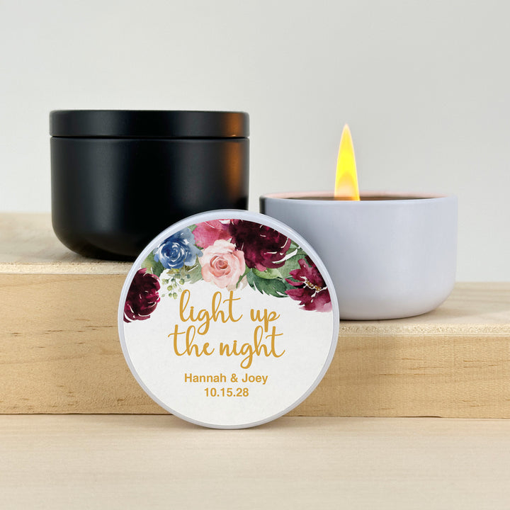 Unique Wedding Favors, Personalized Candles, Burgundy Floral, 2oz Mini Lavender Candles