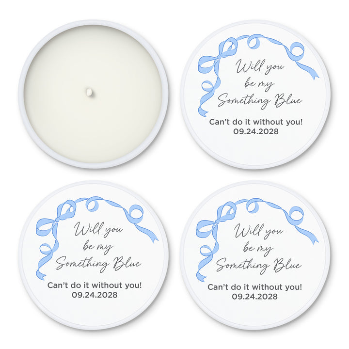 Bulk Wedding Favors, Unique Wedding Favors, Custom Candles, Hand Drawn Ribbon, Something Blue, 2oz Mini Lavender Candles