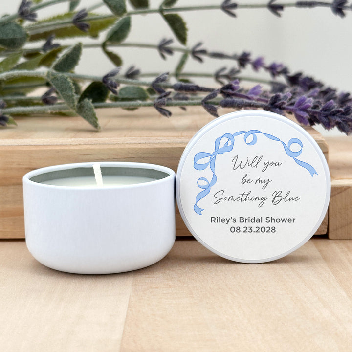 Bulk Wedding Favors, Unique Wedding Favors, Custom Candles, Hand Drawn Ribbon, Something Blue, 2oz Mini Lavender Candles