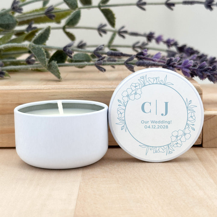 Unique Wedding Favors, Personalized Candles, Floral Line Drawing, 2oz Mini Lavender Candles