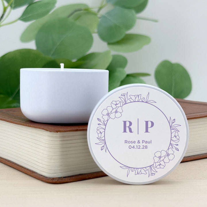 Unique Wedding Favors, Personalized Candles, Floral Line Drawing, 2oz Mini Lavender Candles