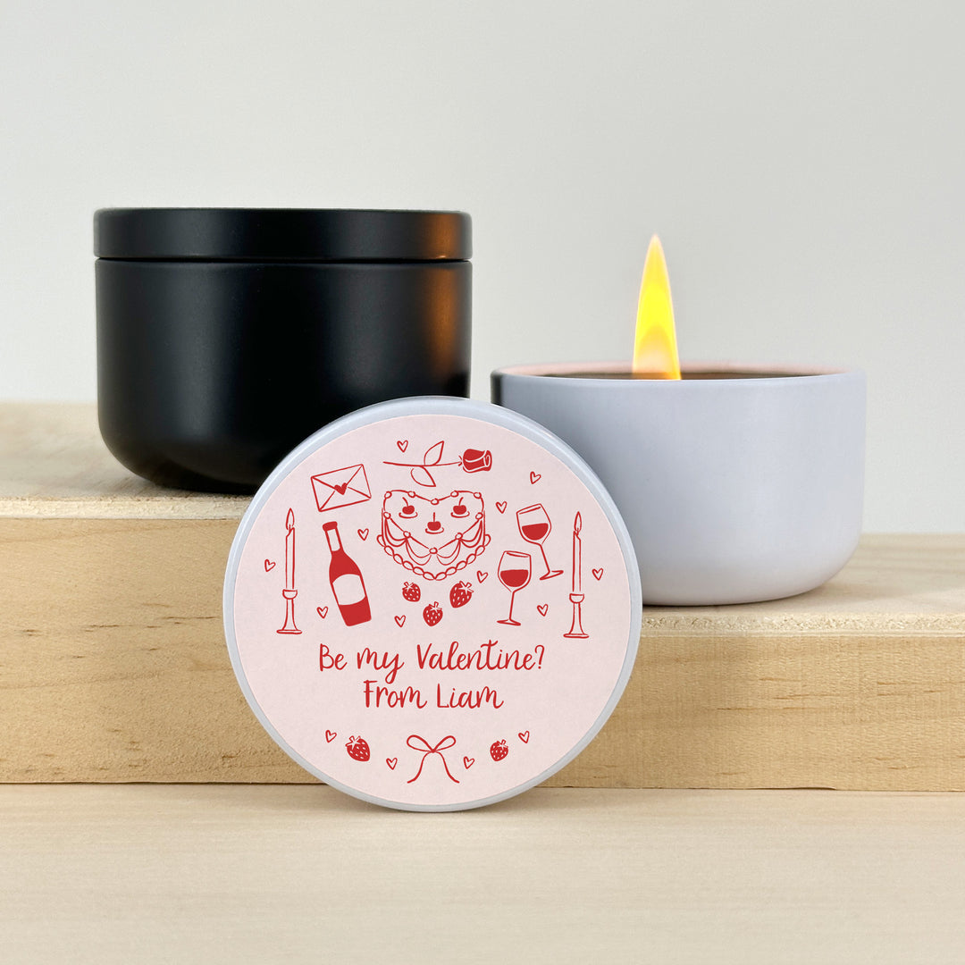 Bulk Favors, Unique Valentine's Day Favors, Custom Galentine's Candles, Hand Drawn Valentine's Sketch Pattern, 2oz Mini Lavender Candles